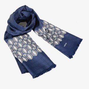 Lanvin Navy Geometric Print Fringe Silk Vintage Scarf